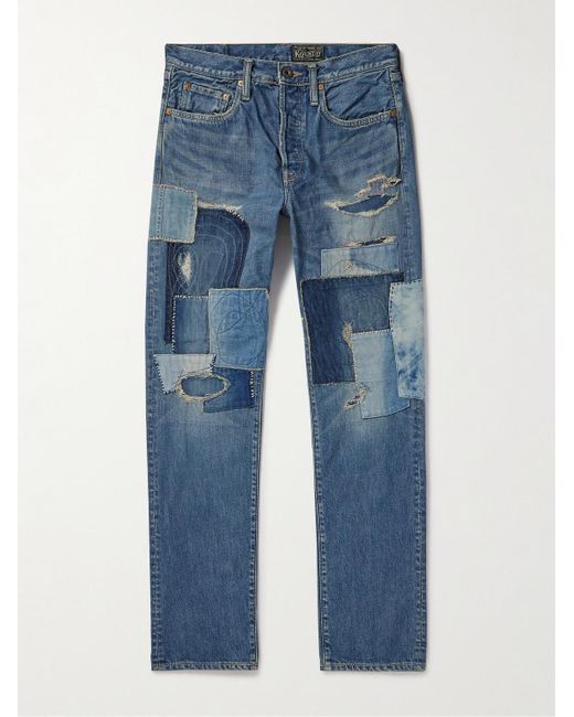 Kapital Blue Monkey Cisco Straight-leg Distressed Patchwork Jeans for men