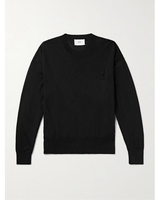 Pullover in lana merino con logo ricamato di AMI in Black da Uomo