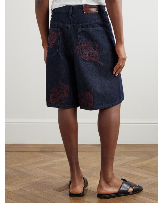 Dries Van Noten Blue Straight-Leg Embroidered Denim Bermuda Shorts for men