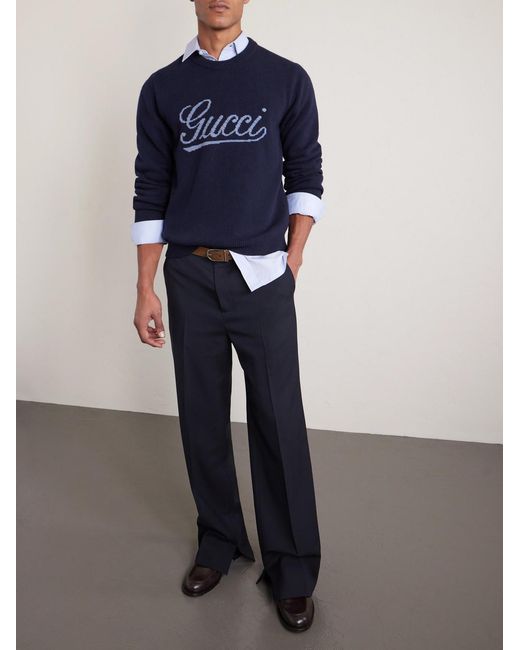 Gucci Blue Logo-Intarsia Wool Sweater for men