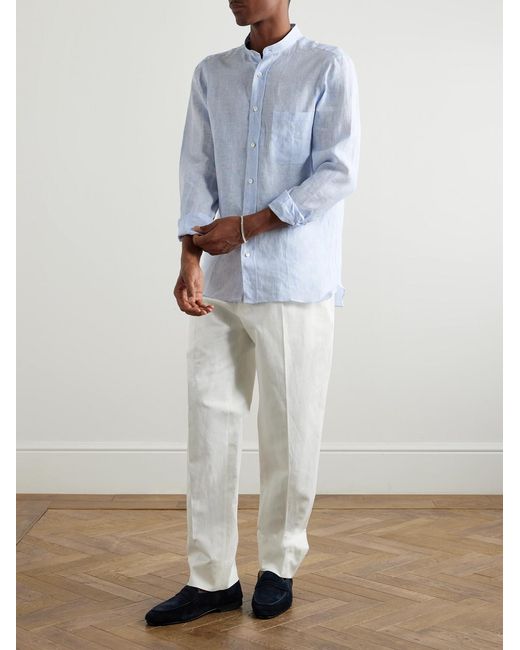 Grandad-Collar Striped Linen Shirt di Rubinacci in Blue da Uomo