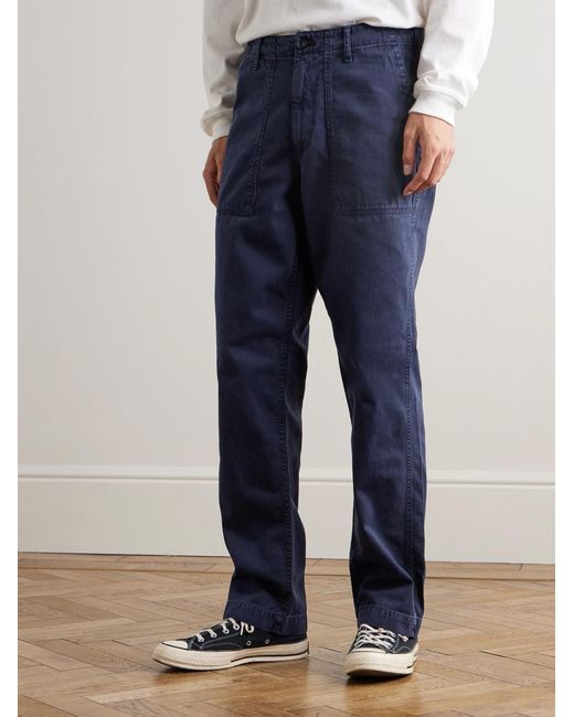 Hartford Blue Fatigue Straight-Leg Garment-Dyed Herringbone Cotton-Gabardine Trousers for men