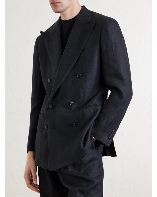 Saman Amel Blue Linen Double-breasted Suit Jacket for men