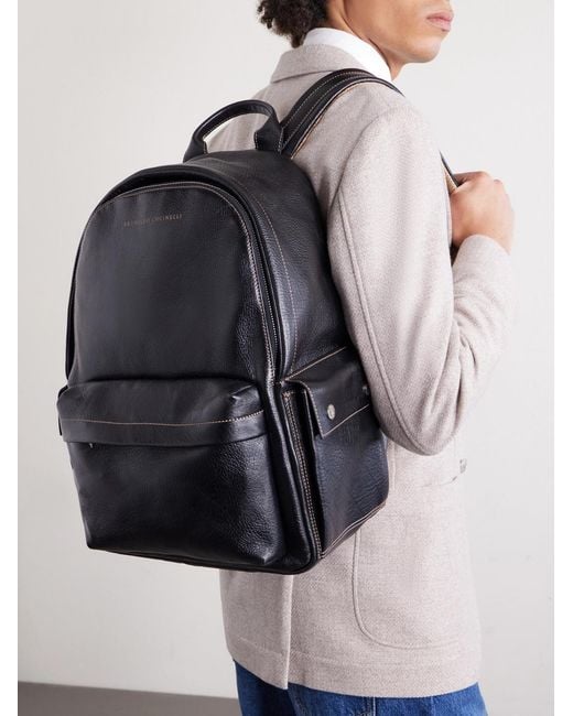 Brunello Cucinelli Black Full-Grain Leather Backpack for men