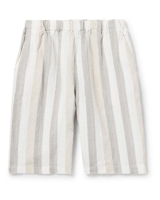 Beams Plus White Easy Wide-leg Striped Herringbone Linen Shorts for men