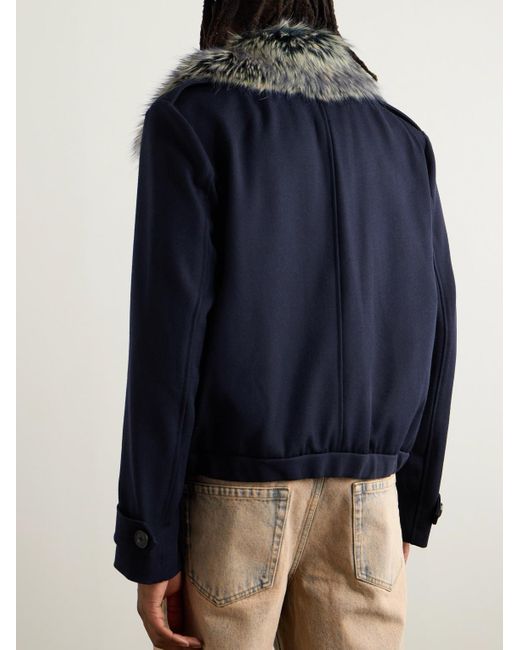 Dries Van Noten Blue Faux Fur-Trimmed Wool-Blend Gabardine Jacket for men