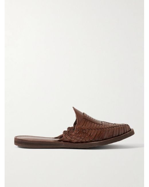 Yuketen Brown Chamula Punta Mita Woven Leather Backless Loafers for men