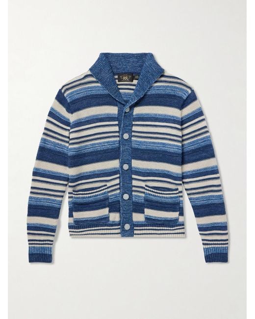 RRL Blue Shawl-Collar Striped Cotton And Linen-Blend Cardigan for men