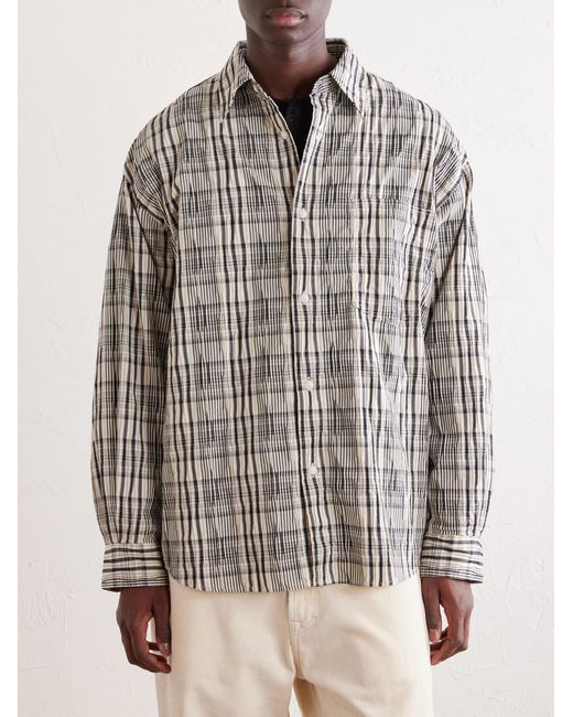 FRIZMWORKS Gray Striped Crinkled Cotton-blend Shirt for men