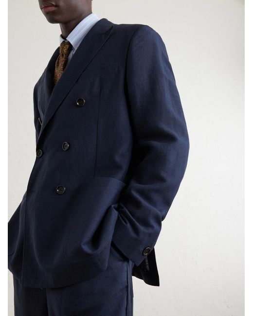 Oliver Spencer Blue Double-Breasted Linen, Virgin Wool And Cotton-Blend Suit Jacket for men