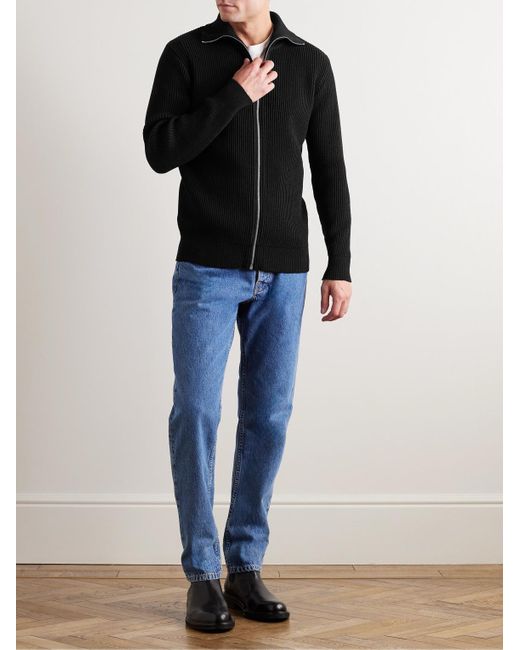 S.N.S Herning Black Ribbed Wool Zip-up Sweater for men
