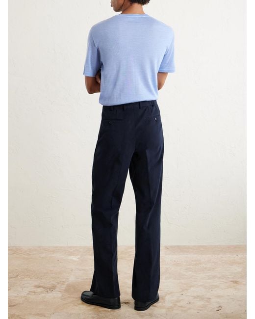 Saman Amel Blue Straight-leg Pleated Peached Cotton-blend Trousers for men