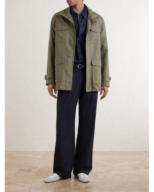 Kiton Green Suede-Trimmed Linen Field Jacket for men