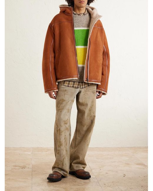 The Elder Statesman Brown Leather-Trimmed Shearling Hooded Jacket for men