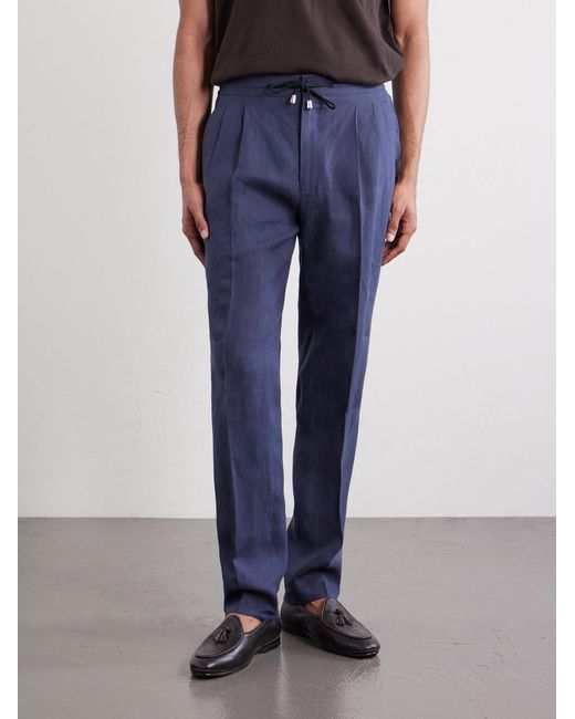 De Petrillo Blue Straight-Leg Pleated Linen Suit Trousers for men