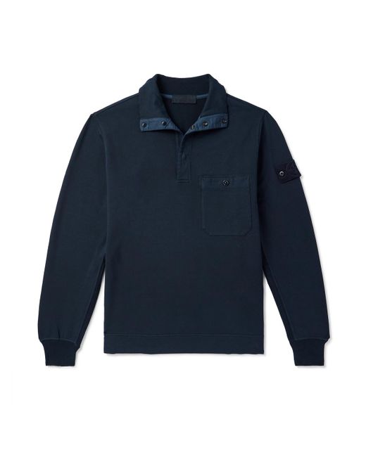 Stone Island Blue Ghost Logo-Appliquéd Garment-Dyed Cotton-Blend Jersey Half-Placket Sweatshirt for men