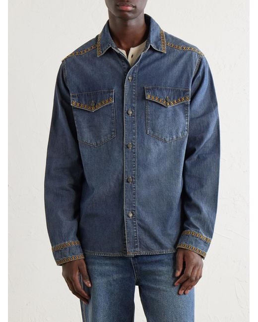 MANAAKI Blue Tukutuku Embroidered Denim Shirt for men