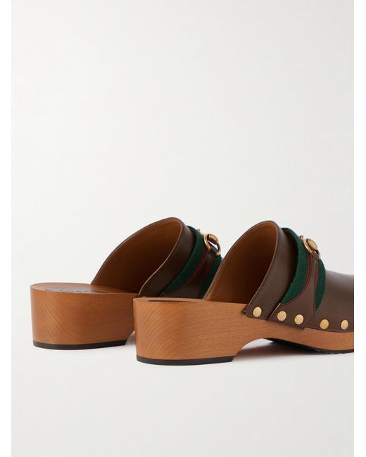 Gucci Brown Horsebit Webbing-Trimmed Leather Clogs for men