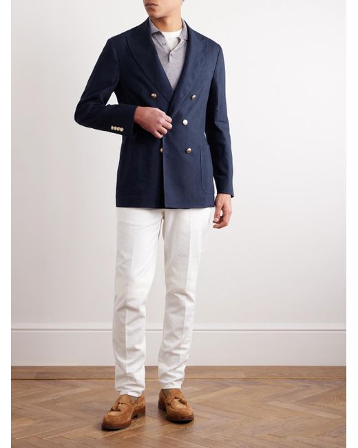 Brunello Cucinelli Blue Double-breasted Linen And Wool-blend Blazer for men