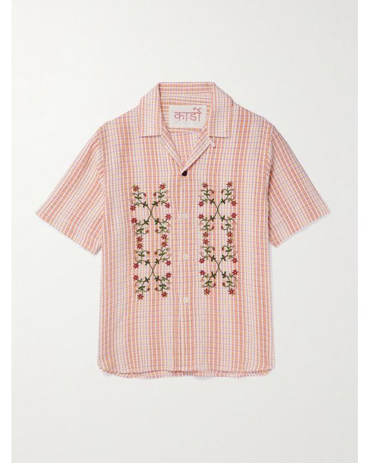 Kardo Pink Craft Ronen Convertible-collar Embroidered Gingham Cotton Shirt for men