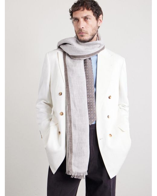 Brunello Cucinelli White Fringed Linen Scarf for men