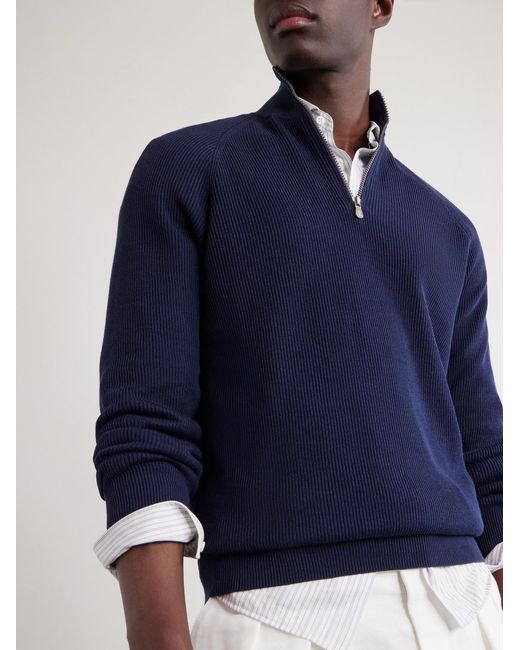 Brunello Cucinelli Blue Ribbed Cotton Half-Zip Sweater for men