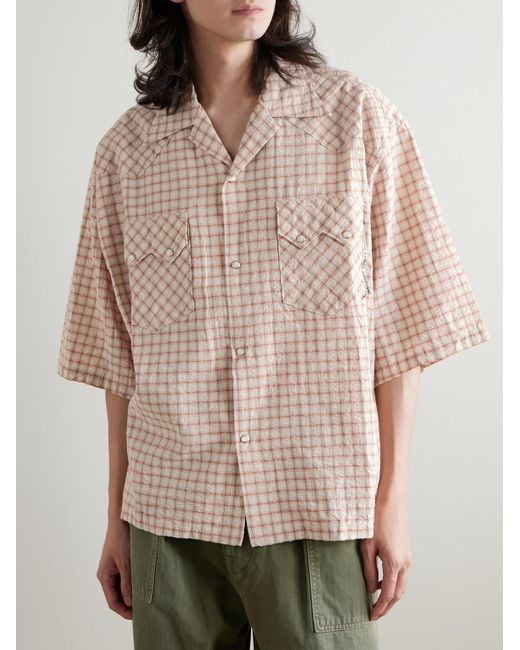 Kapital Pink Camp-collar Logo-appliquéd Checked Cotton And Linen-blend Seersucker Western Shirt for men