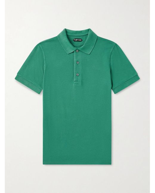 Tom Ford Green Slim-fit Lyocell And Cotton-blend Piqué Polo Shirt for men