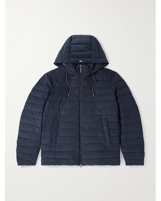 Herno Blue Quilted Cotton-Corduroy Hooded Down Jacket for men
