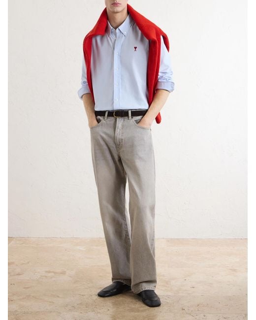 AMI White Logo-Embroidered Cotton Oxford Shirt for men