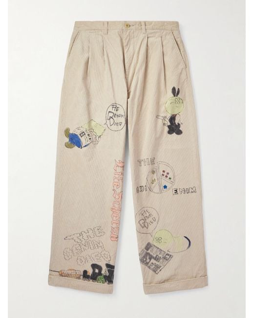 Kapital Natural Ivy Wide-leg Pleated Printed Cotton-corduroy Trousers for men