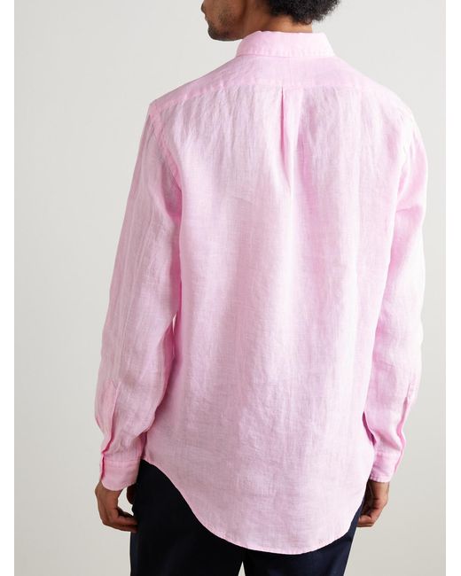 Polo Ralph Lauren Pink Button-Down Collar Logo-Embroidered Linen Shirt for men