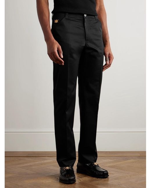 Versace Black Straight-Leg Embellished Cotton-Gabardine Trousers for men