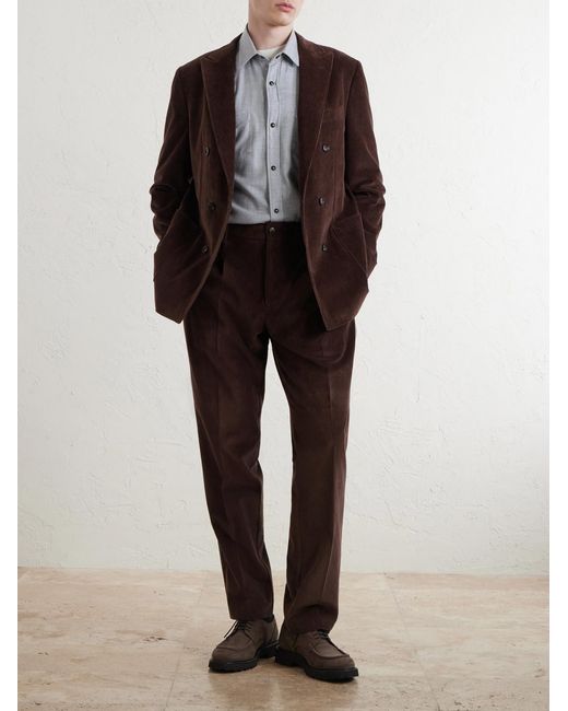 Canali Brown Straight-Leg Pleated Cotton-Corduroy Trousers for men