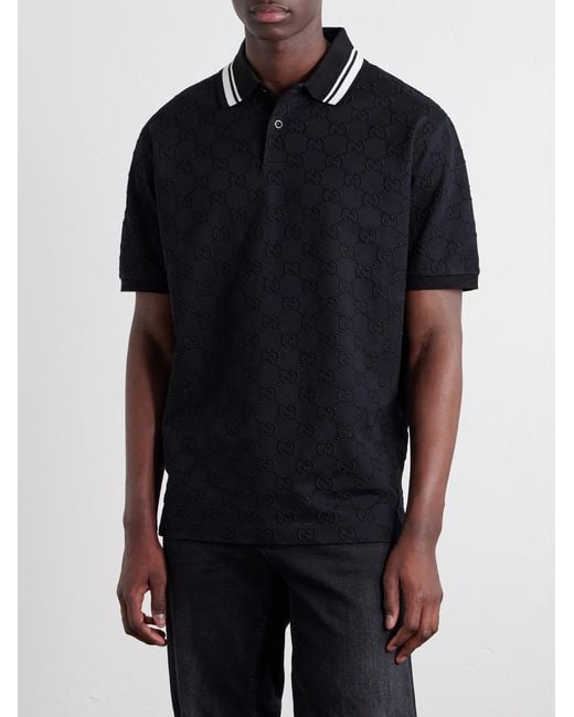 Gucci Black Logo-embroidered Cotton-piqué Polo Shirt for men