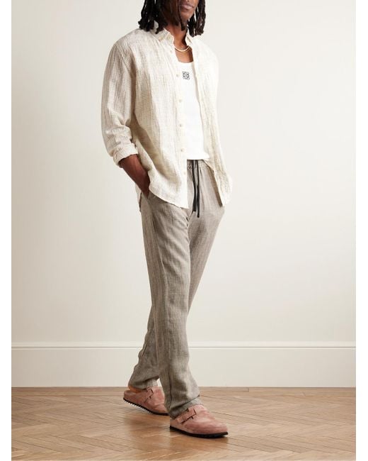 Folk Natural Button-down Collar Striped Cotton And Linen-blend Seersucker Shirt for men