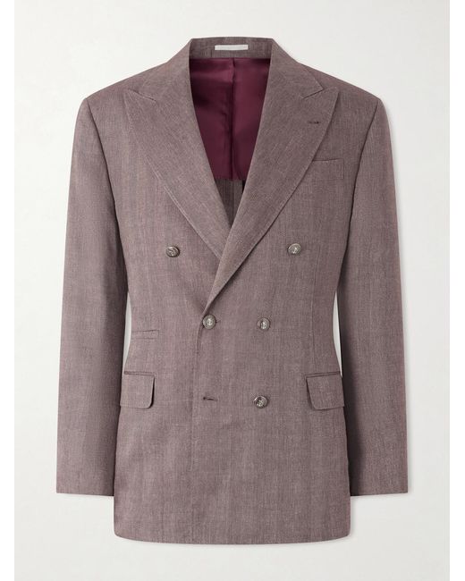 Brunello Cucinelli Purple Double-Breasted Herringbone Linen And Virgin Wool-Blend Suit Jacket for men