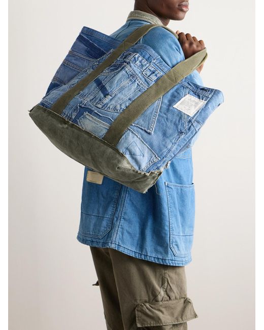 Greg Lauren Blue Upcycled Canvas-trimmed Patchwork Denim Tote Bag for men
