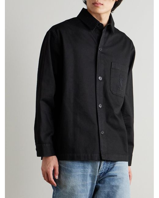 Saint Laurent Black Logo-embroidered Cotton And Linen-blend Gabardine Overshirt for men