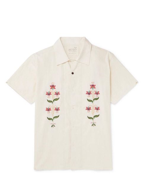 Kardo White Chintan Convertible-collar Embroidered Cotton Shirt for men