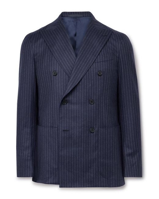 Caruso Blue Double-Breasted Pinstriped Wool Suit Jacket for men