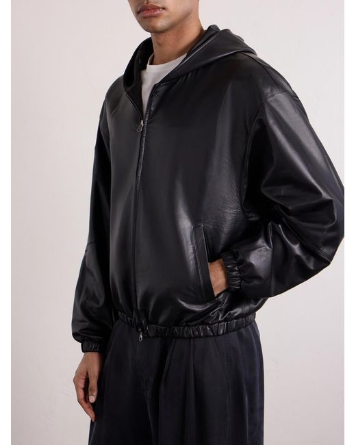 Amomento Black Leather Hooded Jacket for men