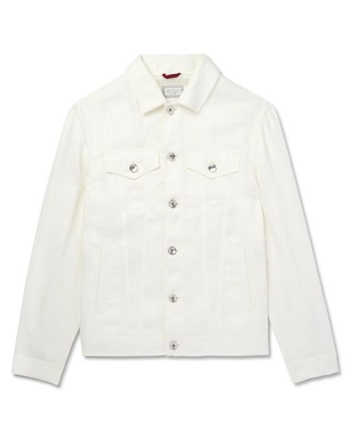 Brunello Cucinelli White Linen-twill Trucker Jacket for men