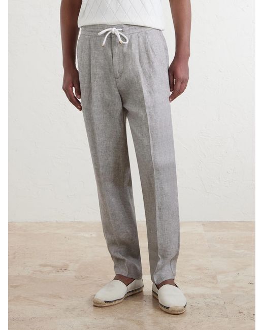 Brunello Cucinelli Gray Straight-Leg Pleated Hemp And Linen-Blend Twill Trousers for men