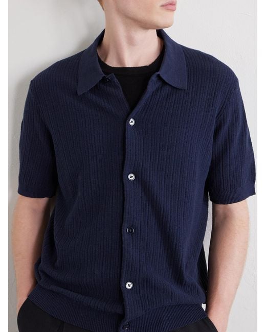 NN07 Blue Nolan 6695 Textured-Knit Organic Cotton Shirt for men