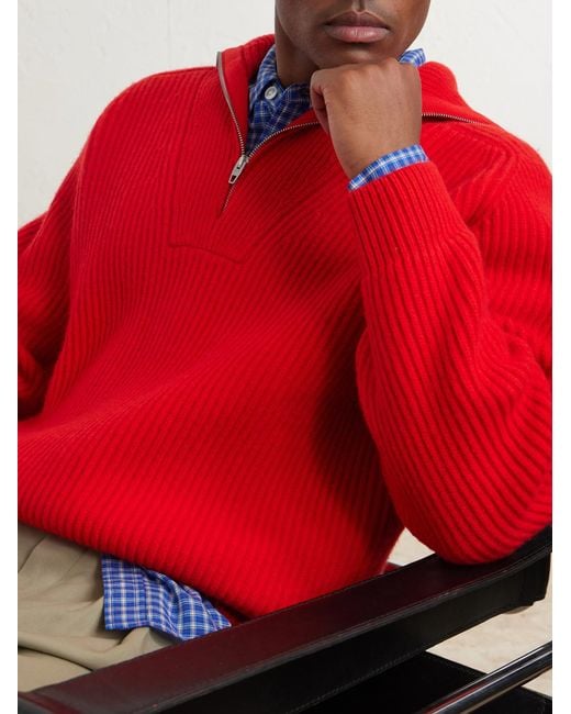 Jil Sander Red Ribbed Wool Zip-Up Sweater for men