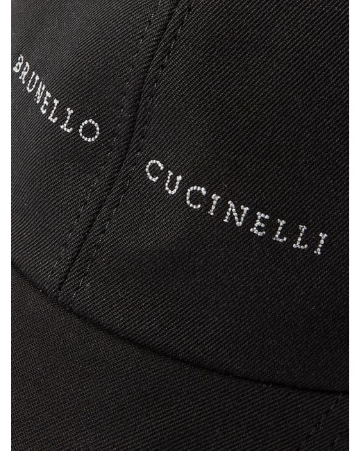 Berretto da baseball in gabardine di cotone con finiture in pelle e logo ricamato di Brunello Cucinelli in Black da Uomo