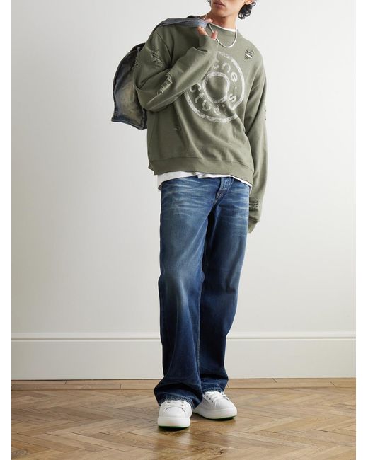 Acne Green Franziska Oversized Logo-Print Distressed Cotton-Blend Jersey Sweatshirt for men
