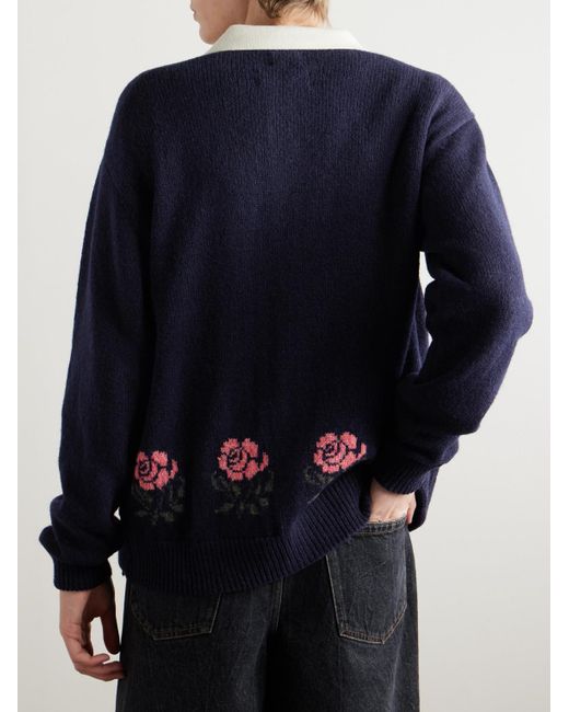 Noah Floral-Jacquard Shetland Wool Cardigan in Blue for Men Noah Floral-Jacquard Shetland Wool Cardigan in Blue for Men