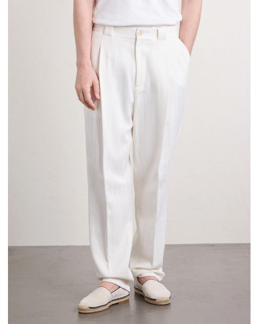 Brunello Cucinelli White Straight-Leg Pleated Herringbone Cotton And Linen-Blend Trousers for men